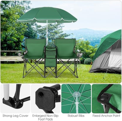 Goplus Double Camping Chairs with Umbrella, Cooler for Beach Patio