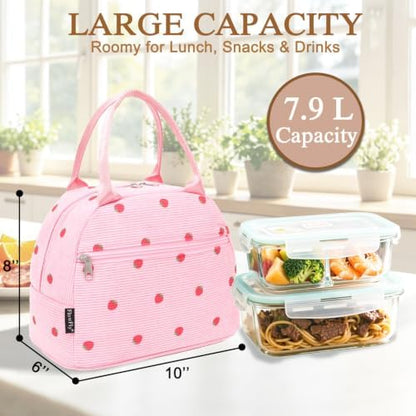 FlowFly Insulated Lunch Bag for Women – Corduroy Lunch Tote Box, Cute Cooler Bag for Work, Travel, Picnic,Corduroy Strawberries RoseRed