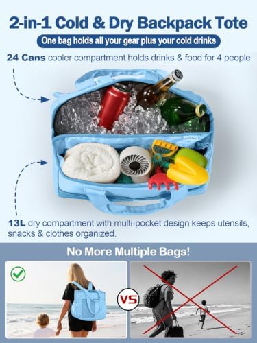 Odoland 2-in-1 Beach Cooler Bag-24 Can + 13L Dry Storage 12H Insulated