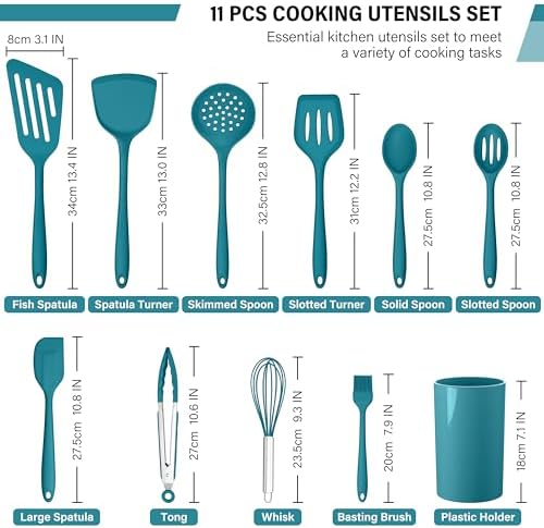 HaWare 11 PCS Silicone Cooking Utensils Set, Heat Resistant Kitchen Utensils with Holder, Food-grade Spatula Sets for Nonstick Cookware, Kitchen Tools Gadgets Include Fish Turner, Spoon (Blue)