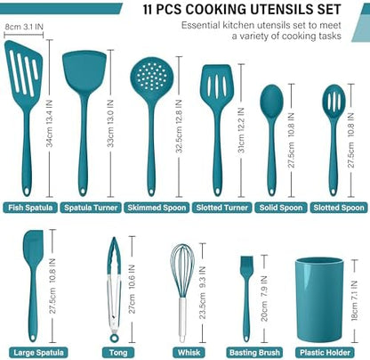 HaWare 11 PCS Silicone Cooking Utensils Set, Heat Resistant Kitchen Utensils with Holder, Food-grade Spatula Sets for Nonstick Cookware, Kitchen Tools Gadgets Include Fish Turner, Spoon (Blue)