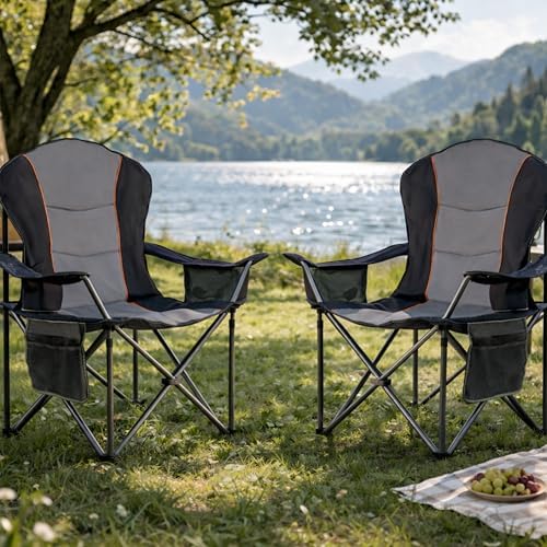 2 Pack Folding Camping Chairs for Adults - High Back Padded Outdoor Lawn Chairs with Lumbar Support & Cup Holder, 500lbs Heavy Duty Portable Camping Chairs Set (Black & Gray, 2 PCS)
