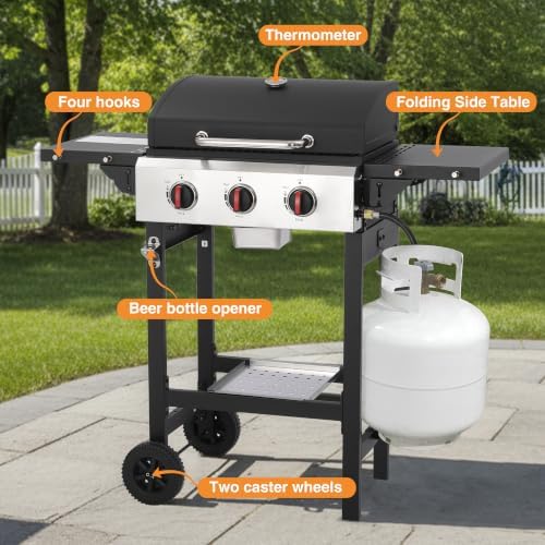 Propane Gas Grill with Folding Side Tables, 3-Burner Gas Grill with Cast Iron Grates and Stainless Steel Griddle Pan, Outdoor BBQ Grill Portable with Wheels 30,000 BTU Output