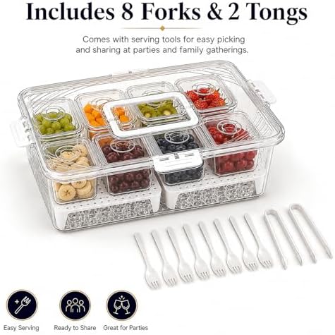 Upgraded 8-Compartment Chilled Condiment Server with Carry Handle, Large Cocktail Garnish Tray, Portable Fruit Tray with Ice Bottom, Cook Out Essentials for BBQ, Taco Bar, Camping