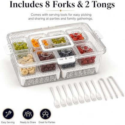 Upgraded 8-Compartment Chilled Condiment Server with Carry Handle, Large Cocktail Garnish Tray, Portable Fruit Tray with Ice Bottom, Cook Out Essentials for BBQ, Taco Bar, Camping