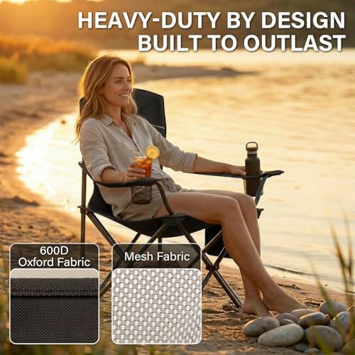 2 Pack Camping Chairs for Adults,Oversized Mesh Back Lawn Chair with Cup Holder, Side Pocket&Bag for Outdoor,Beach,Picnic,Fishing,and Sports,Breathable,Heavy Duty,Black