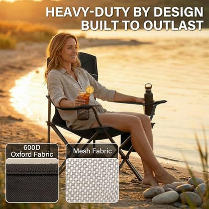2 Pack Camping Chairs for Adults,Oversized Mesh Back Lawn Chair with Cup Holder, Side Pocket&Bag for Outdoor,Beach,Picnic,Fishing,and Sports,Breathable,Heavy Duty,Black
