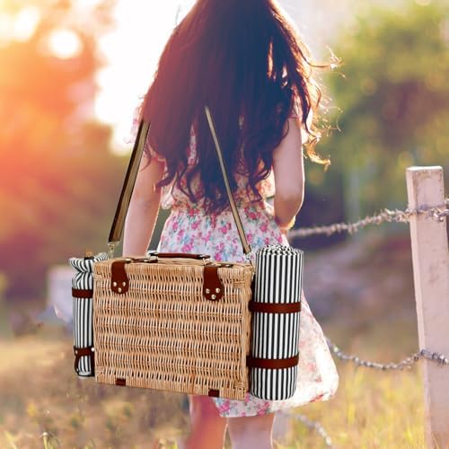 Picnic Basket with Blanket and Wine Pouch for 4, Wicker Picnic Set with Insulated Liner Cooler Bag Hamper for Camping,Wedding - Stripes