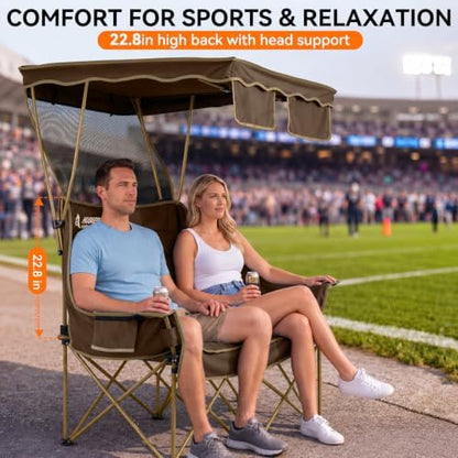 Huskfirm Double Camping Chair with Canopy Shade Folding Heavy Duty Brown