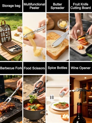 Portable Camping Utensil Set, 15PCS Camping Cookware with Organizer Cooking Kit Stainless Steel Accessories with Knife Fork Spoon RV Essentials Cook Equipment for Picnics BBQs Travel