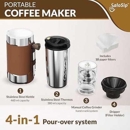 4-in-1 Portable Manual Pour Over Coffee Maker with Grinder – Travel & Camping Pour Over Set – All-in-One Portable Coffee Brewer Kit with Stainless Steel Kettle, Thermal Mug & Dripper