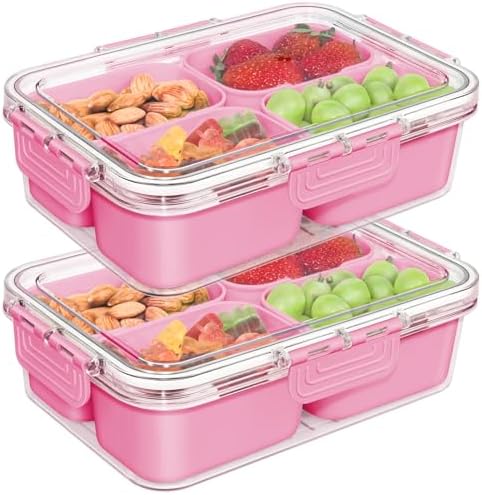 Small Snack Box Container, Divided Serving Tray with Lid, 4 Compartment Snack Box Container for Candy, Fruits, Charcuterie, Travel & Parties, BPA-Free, 2 Pack