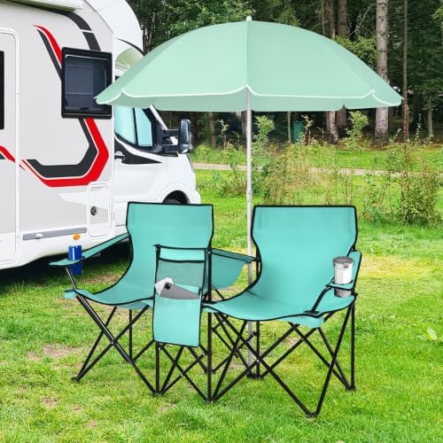 Goplus Double Camping Chairs with Umbrella, Cooler for Beach Patio