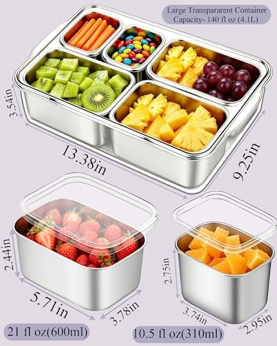 Snackle Box Container, Stainless Steel Divided Serving Tray with Lid and Handle, Large Snack Tray for Fruit Veggie Candy, 5-Compartment Snack Platter for Travel Party Beach Picnic