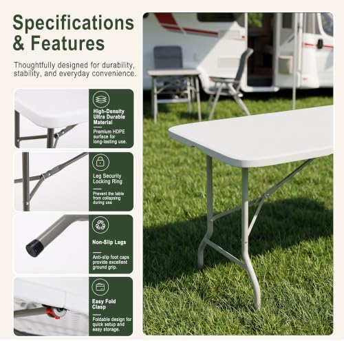HULKFIT Portable 8-Piece Folding Table and Chairs Set, Heavy Duty 8ft Camping & Party Furniture for Indoor Outdoor Events, White