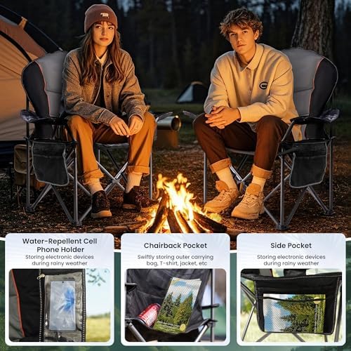 Folding Camping Chairs for Adults - High Back Padded Outdoor Lawn Chairs with Lumbar Support & Cup Holder, 500lbs Heavy Duty Portable Camping Chairs Set (Black & Gray, 1 PCS)
