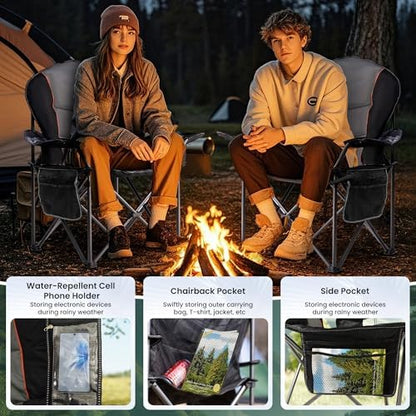 2 Pack Folding Camping Chairs for Adults - High Back Padded Outdoor Lawn Chairs with Lumbar Support & Cup Holder, 500lbs Heavy Duty Portable Camping Chairs Set (Black & Gray, 2 PCS)