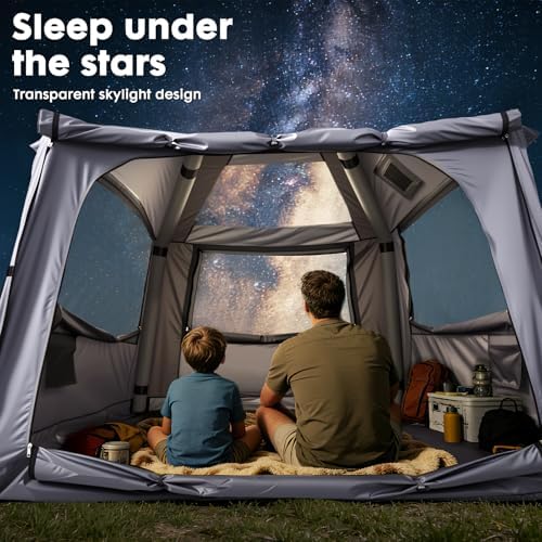 Inflatable Camping Tent with Electric Air Pump - 420D Heavy Duty Oxford - 5 Min Auto-Inflation - Panoramic Stargazing Skylight - 4 Season Luxury Glamping Cabin, 4-10 Person Multiple Sizes