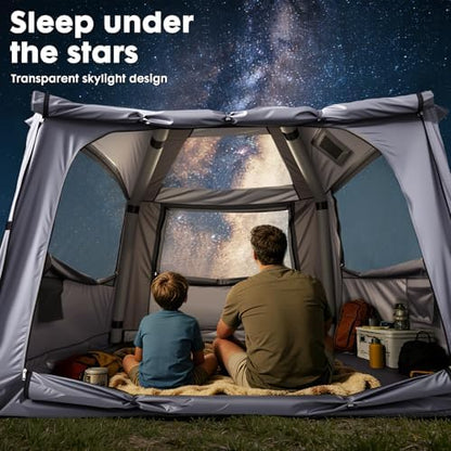 Inflatable Camping Tent with Electric Air Pump - 420D Heavy Duty Oxford - 5 Min Auto-Inflation - Panoramic Stargazing Skylight - 4 Season Luxury Glamping Cabin, 4-10 Person Multiple Sizes