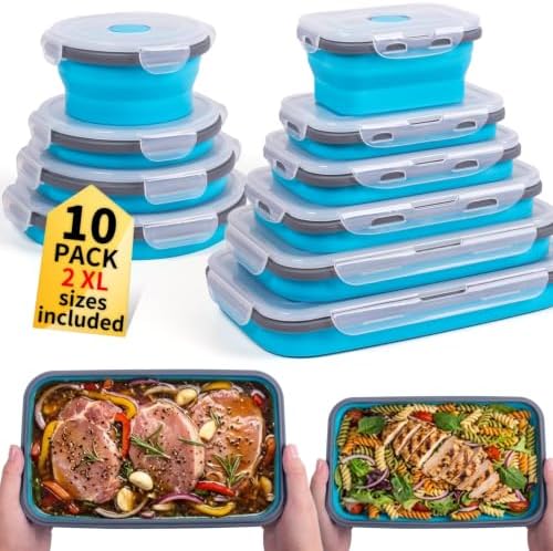Collapsible Food Storage Containers with Lids 10 Pack(81oz/58oz Extra Large Included), 6 Rectangular+4 Round, Annaklin Silicone Collapsible Food Containers Sets Microwave Freezer Dishwasher Safe, Blue