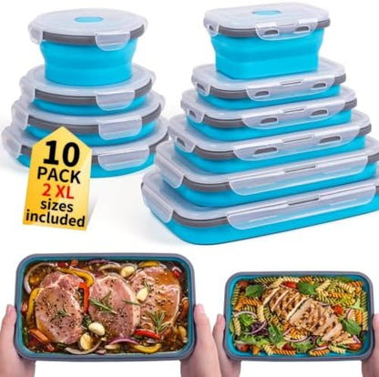 Collapsible Food Storage Containers with Lids 10 Pack(81oz/58oz Extra Large Included), 6 Rectangular+4 Round, Annaklin Silicone Collapsible Food Containers Sets Microwave Freezer Dishwasher Safe, Blue