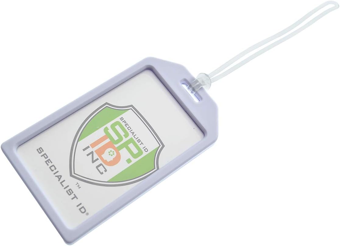 5 Pack - Premium Rigid Airline Luggage Tag Holders with 6" Worm Loops - Heavy Duty Hard Plastic -Suitcase ID Tag Identifiers with Business Card Insert Window by Specialist ID (White)