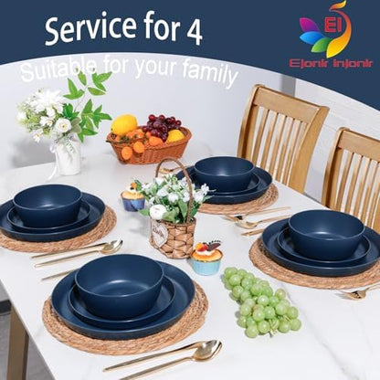 EjonirInjonir 12pcs Unbreakable Blue Dishes Set for Camping, Wheat Straw