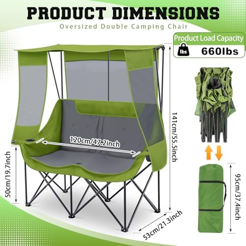 Teenyyou Double Camping Chair with Canopy 660lbs Heavy Duty, Geen and Grey