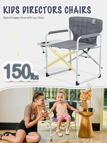 EVER ADVANCED Kids Directors Chair with Side Table, Padded Kids Folding Camping Chair Outdoor with Safety Lock, Lightweight Portable Camp Chairs for Beach, Balcony, Patio, Supports 150lbs, Grey