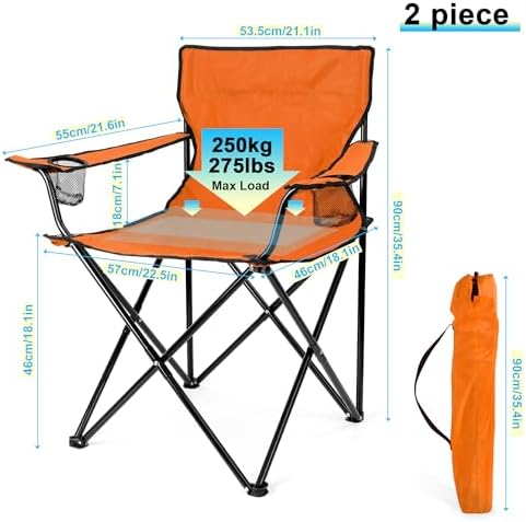 HaSteeL Camping Chair for Adults, Folding Beach Chair Set of 2, Large Foldable Portable Chair for Outdoors Fishing, Hiking, Sporting, Travel, Picnic, Lawn, Hold 275lbs & A Storage Bags (Orange)