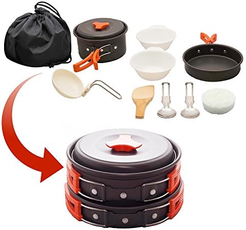 12-Piece Lightweight Camping Cookware Set – Nonstick Pot, Pan & Utensils for Backpacking & Hiking – Portable Mess Kit for 1–2 People, Bonus 2 Emergency Blankets