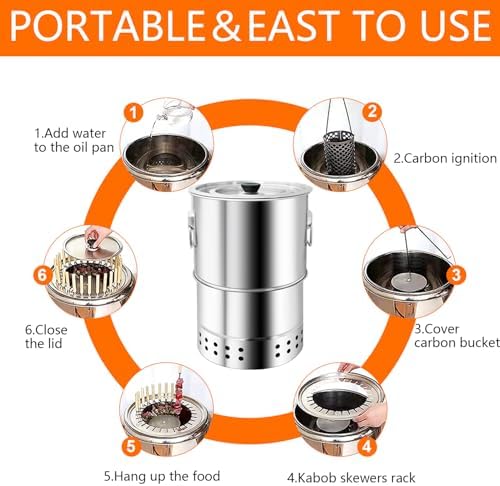 Stainless Smokeless Charcoal Grills Surround Charcoal Barrel Grill 360° Smokeless Outdoor Barbecue Grill for Travel for Travel, Outdoor Cooking and BBQ, Camping Grill Picnic Patio Backyard
