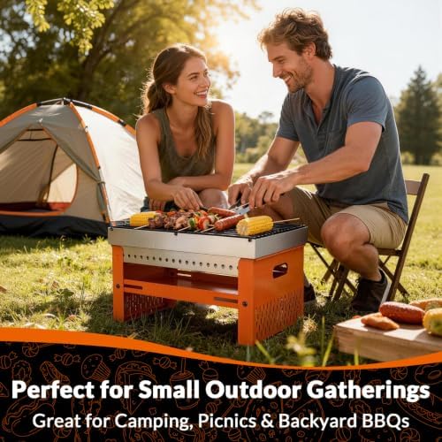 Portable Charcoal Grill, Small Tabletop BBQ, Foldable Mini Hibachi, Stainless Steel Camping Grill, Compact Outdoor Cooker for Picnic, Tailgating (Orange)