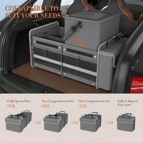 Large Trunk Organizer for SUV with Premium Portable Cooler Bag, Car Organizers and Storage with Foldable Cover, Collapsible Car Trunk Organizer for Truck, Adjustable Securing Straps, 90L+20L, Gray-C