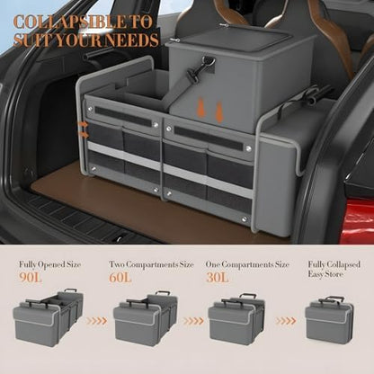 Large Trunk Organizer for SUV with Premium Portable Cooler Bag, Car Organizers and Storage with Foldable Cover, Collapsible Car Trunk Organizer for Truck, Adjustable Securing Straps, 90L+20L, Gray-C