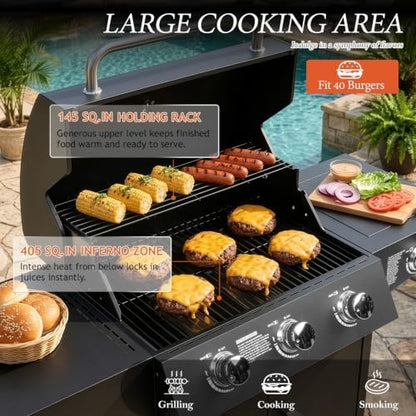 ROVSUN 3-Burner Propane Gas BBQ Grill with Side Burner & Enameled Cast Iron Grates, 46,000 BTU Barbecue Grill with Wheels for Outdoor Patio Backyard Cooking Grilling, Black