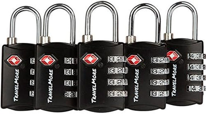 5 Pack TSA Luggage Locks with 4 Digit Combination – Heavy Duty Set Your Own Padlocks for Travel, Baggage, Suitcases & Backpacks - Black
