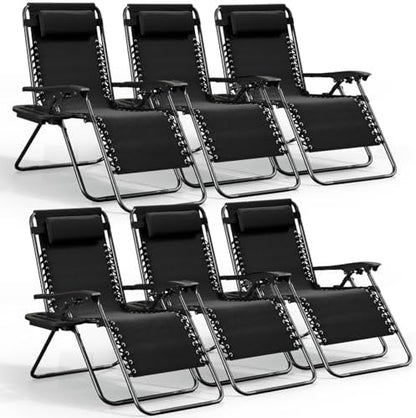 Nestl Zero Gravity Chairs Set of 6, Patio Lounge Chair Outdoor with Pillows & Cup Holder Trays, Adjustable Steel Mesh Reclining Camping Chair, Folding Patio Lawn Chair for Deck, Beach, Yard - Black
