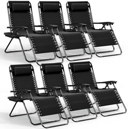 Nestl Zero Gravity Chairs Set of 6, Patio Lounge Chair Outdoor with Pillows & Cup Holder Trays, Adjustable Steel Mesh Reclining Camping Chair, Folding Patio Lawn Chair for Deck, Beach, Yard - Black