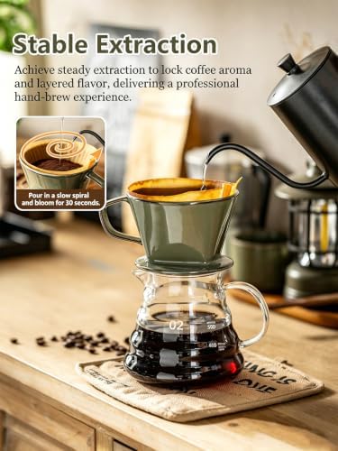 Gomakren Ceramic Pour Over Coffee Dripper, 3-Hole Cone Brewer, Olive Green