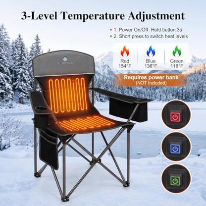 Heated Camping Chairs 2 Pack - Heavy Duty 400LBS Padded Lawn Chair with Cup Holder,Side Pocket,Collapsible for Outdoor,Camp,Fishing & Garden,Black,Battery NOT Included