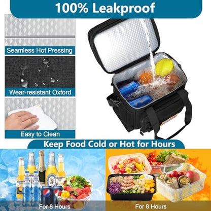 GLENKEY Tactical Lunch Box Cooler Bag - Expandable Insulated Lunch Bag for Men Daily - Large Lunchbox for Adults Work Shifts Outdoor Trips Black 16L (Pack of 2)