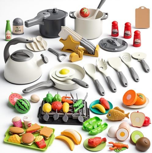 105Pcs Kids Kitchen Toy Accessories, Toddler Pretend BBQ Camping Cooking Playset, Play Pots, Pans, Utensils Cookware Toys, Play Food Set, Vegetables, Learning Gift for Girls Boys