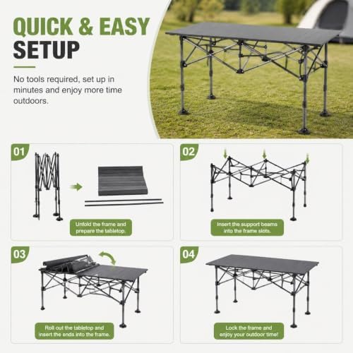 Aoran Folding Camping Table,Portable Adjustable Height Roll Up Table with Mesh Storage Net & Carry Bag,Lightweight Picnic Table for Tailgate Outdoor Backyard BBQ Patio