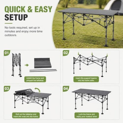 Aoran Folding Camping Table,Portable Adjustable Height Roll Up Table with Mesh Storage Net & Carry Bag,Lightweight Picnic Table for Tailgate Outdoor Backyard BBQ Patio