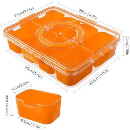 Dingerjar Divided Serving Tray with Lid and Handle - Snackle Box Charcuterie Container for Portable Snack Platters Organizer for Candy, Fruits, Nuts, Snacks - Perfect for Party, Entertaining, Orange