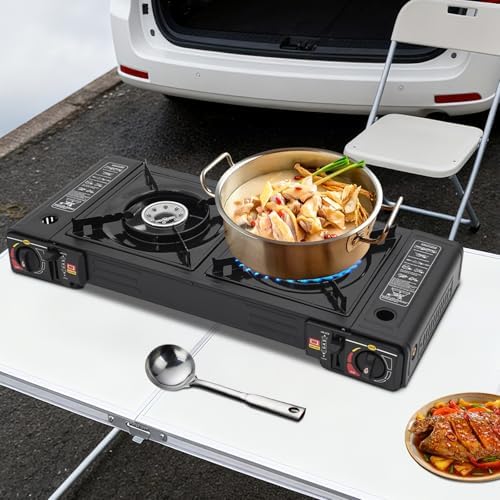 2 Burners Camping Stove, 2500W Portable Butane Gas Stove, Dual Fuel Design, Tabletop Outdoor Cooking Stove with Portable Carry Case for Camping Picnic Yard Patio RV Party (without Baking Tray)