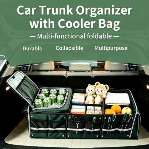 Car Trunk Organizer with Cooler Bag, Collapsible Multi-Compartment Storage Organizer for SUV Truck (Green)
