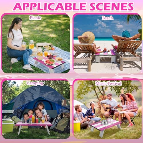 CroBlissful Beach Table Folding Camping Portable Table Striped White Aluminum Side with Carry Bag for Summer Camping Picnics and Outdoor Activities(16x11x5 in,Pink)