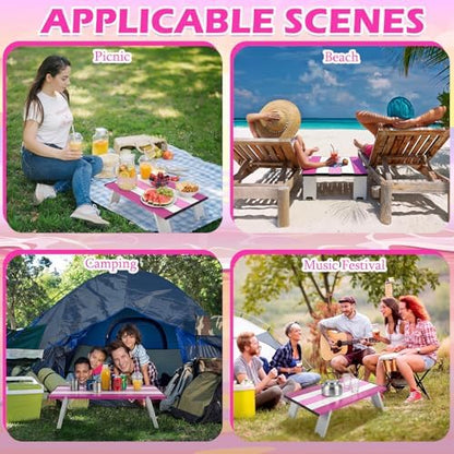 CroBlissful Beach Table Folding Camping Portable Table Striped White Aluminum Side with Carry Bag for Summer Camping Picnics and Outdoor Activities(16x11x5 in,Pink)